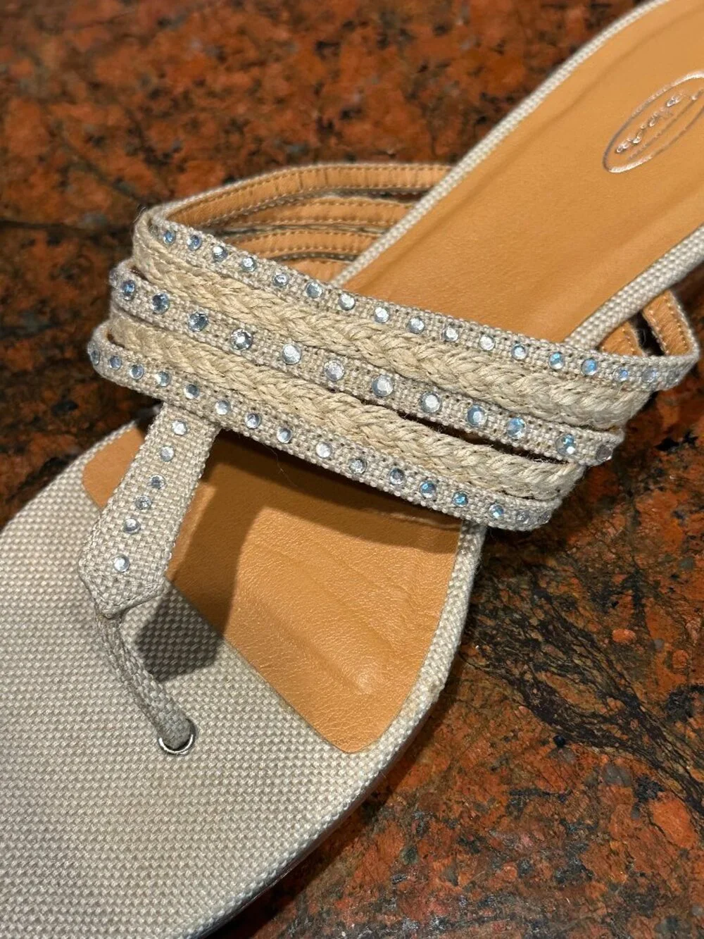 Talbots Beige Linen-look Thong Sandals with Rhinestone Accents, 8.5 M